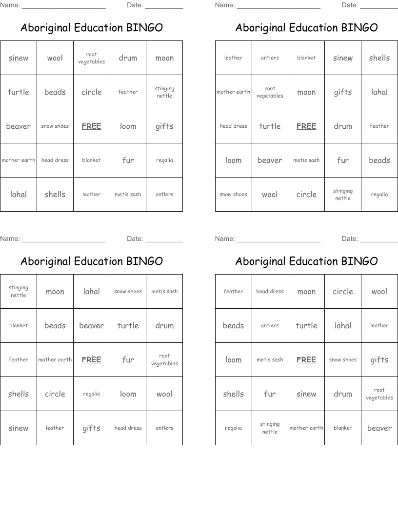 Aboriginal Education BINGO