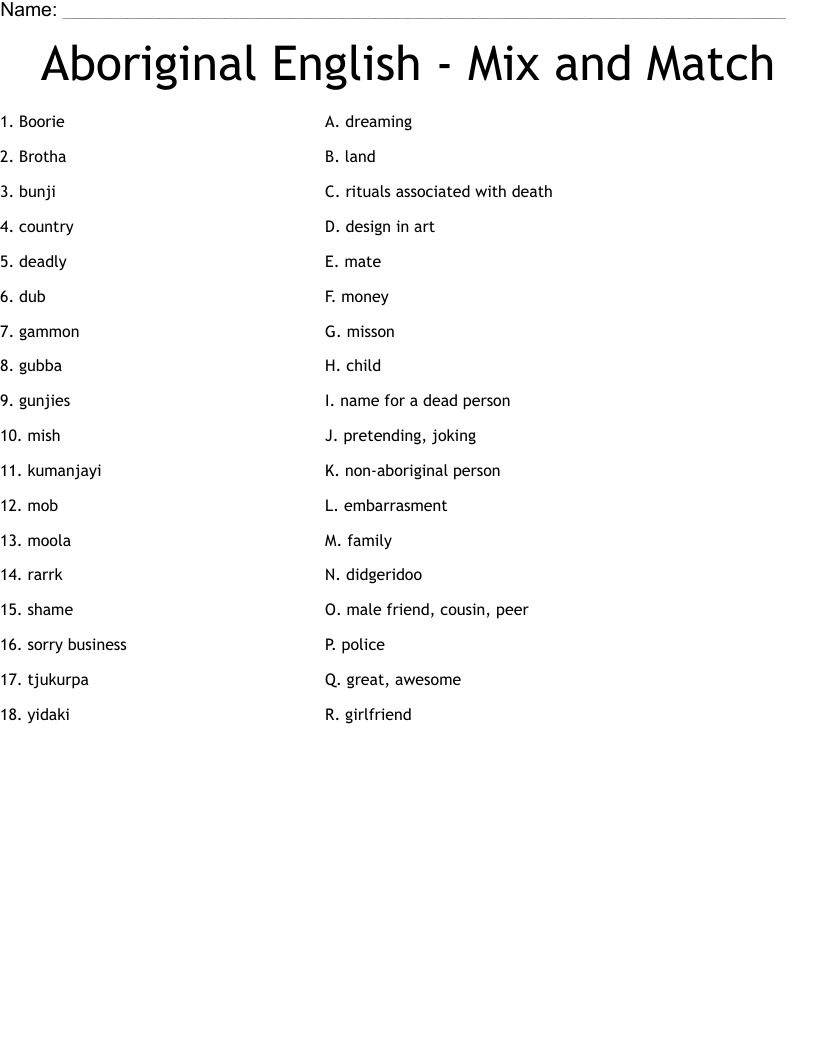 Aboriginal English - Mix and Match Worksheet