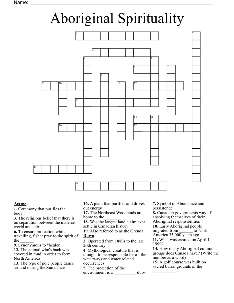 Aboriginal Spirituality Crossword