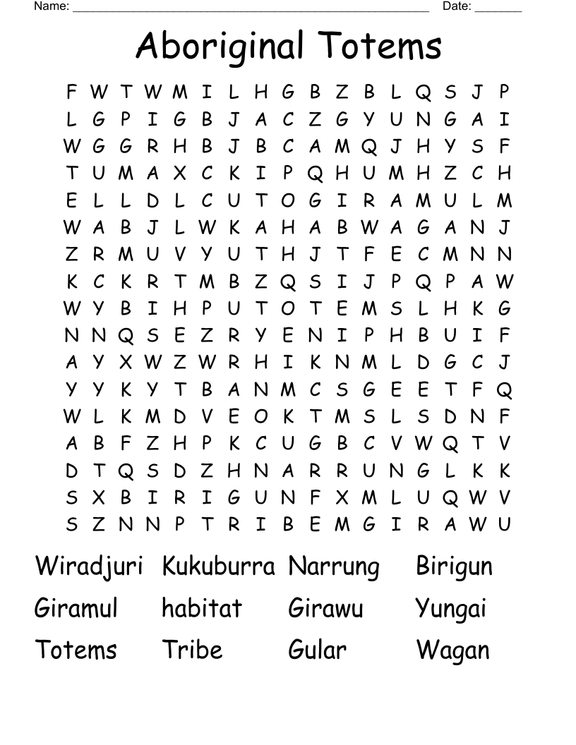 Aboriginal Totems Word Search