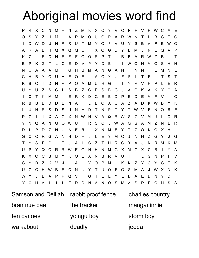 Aboriginal movies word find Word Search