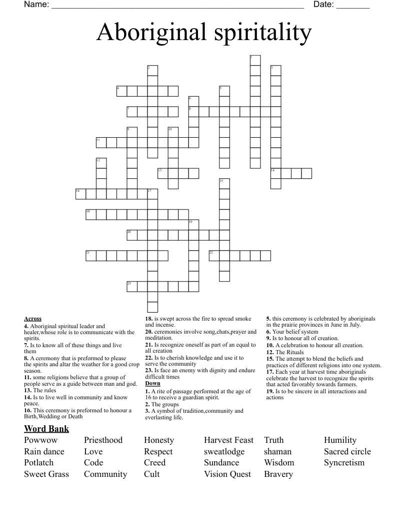 Aboriginal spiritality Crossword