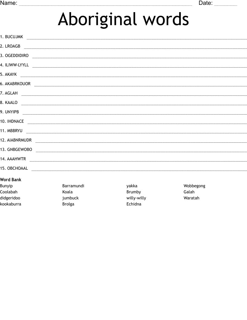 Aboriginal words  Word Scramble