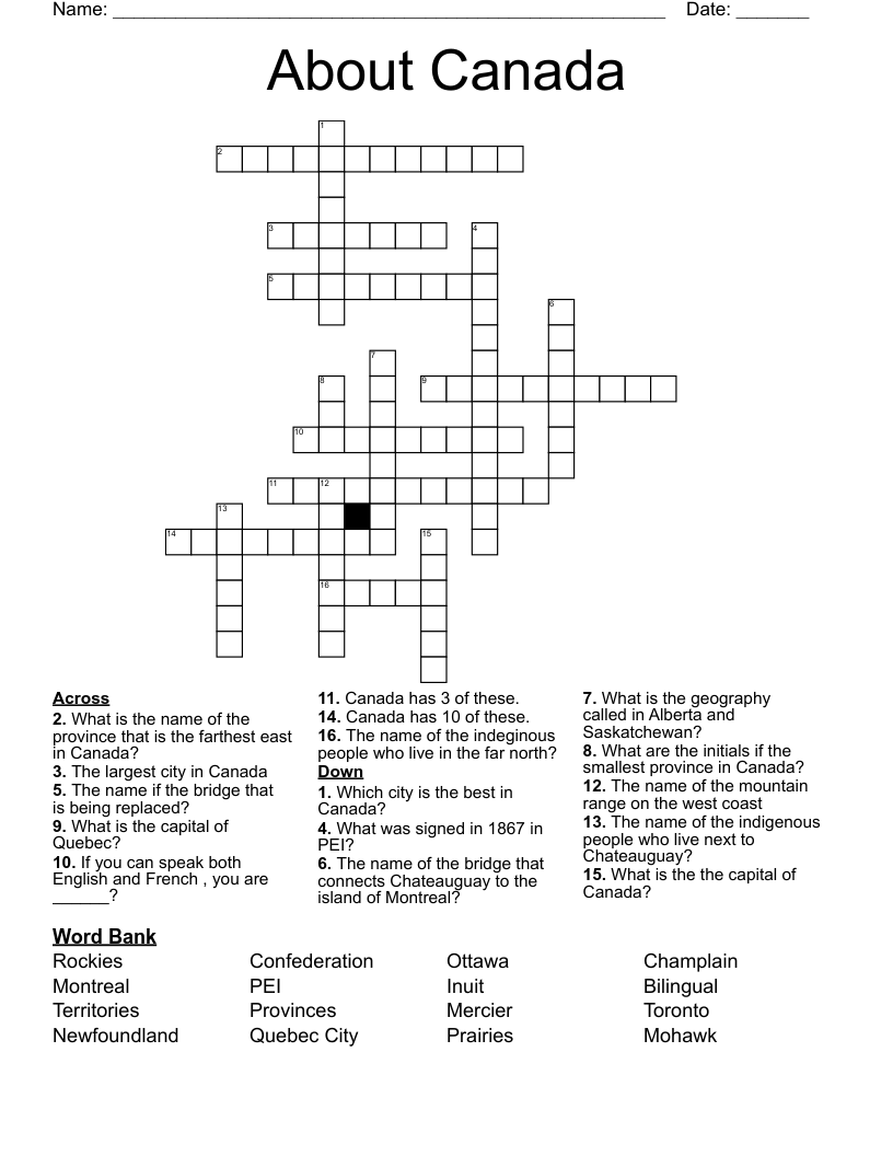 About Canada Crossword