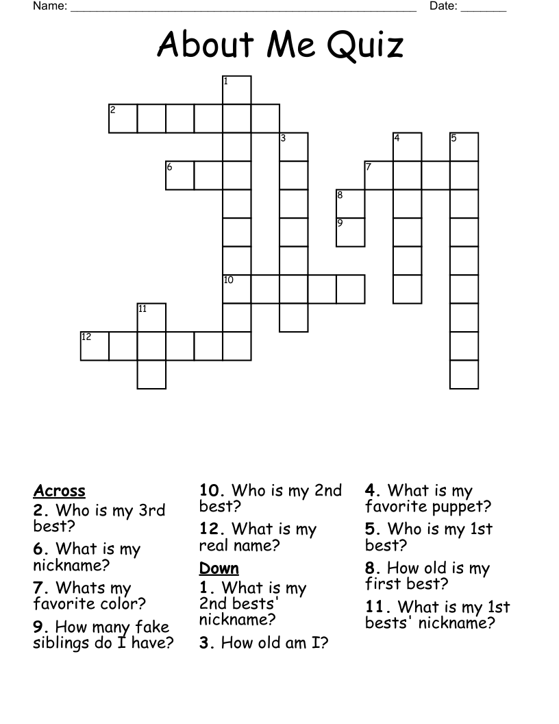About Me Quiz Crossword