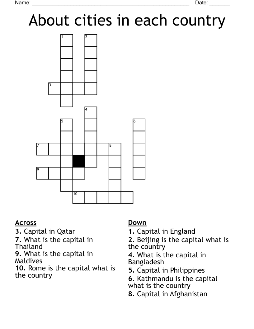 About cities in each country  Crossword