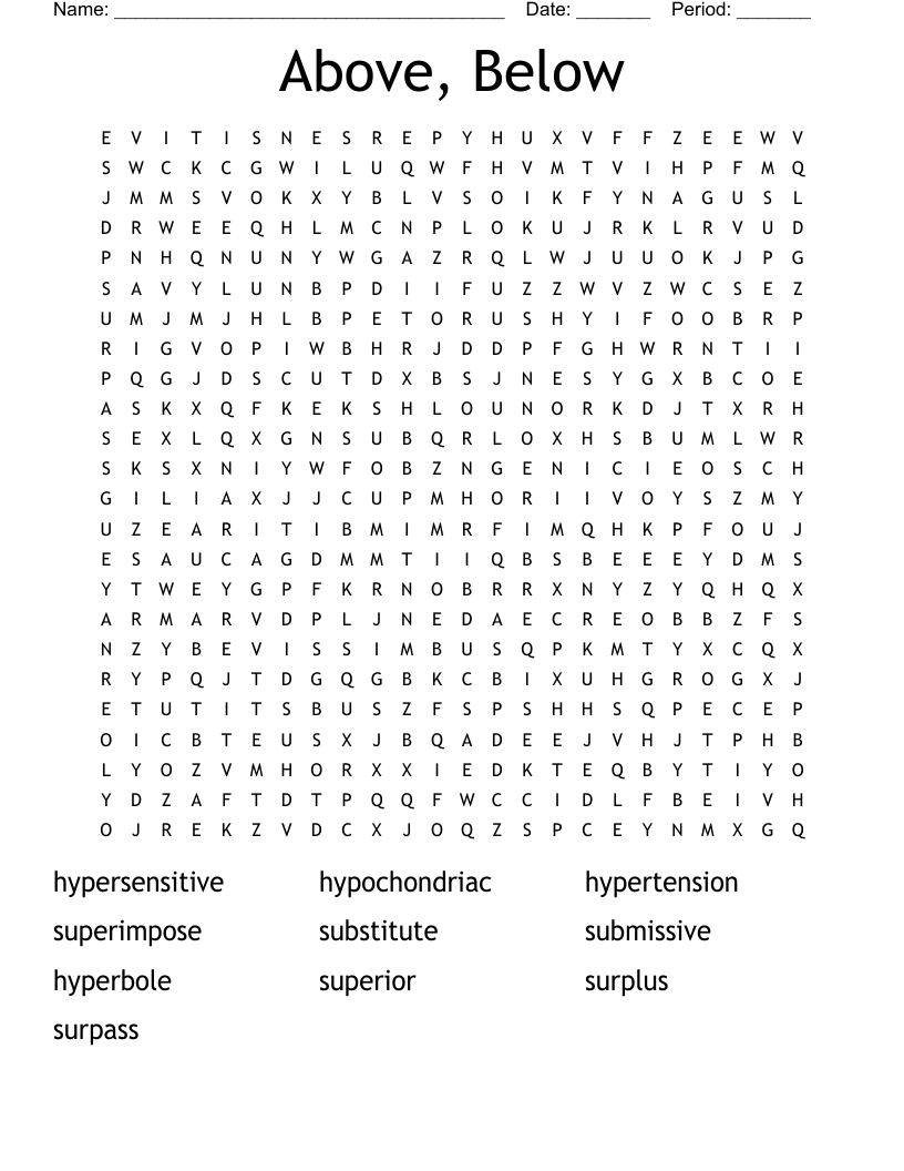Above, Below Word Search