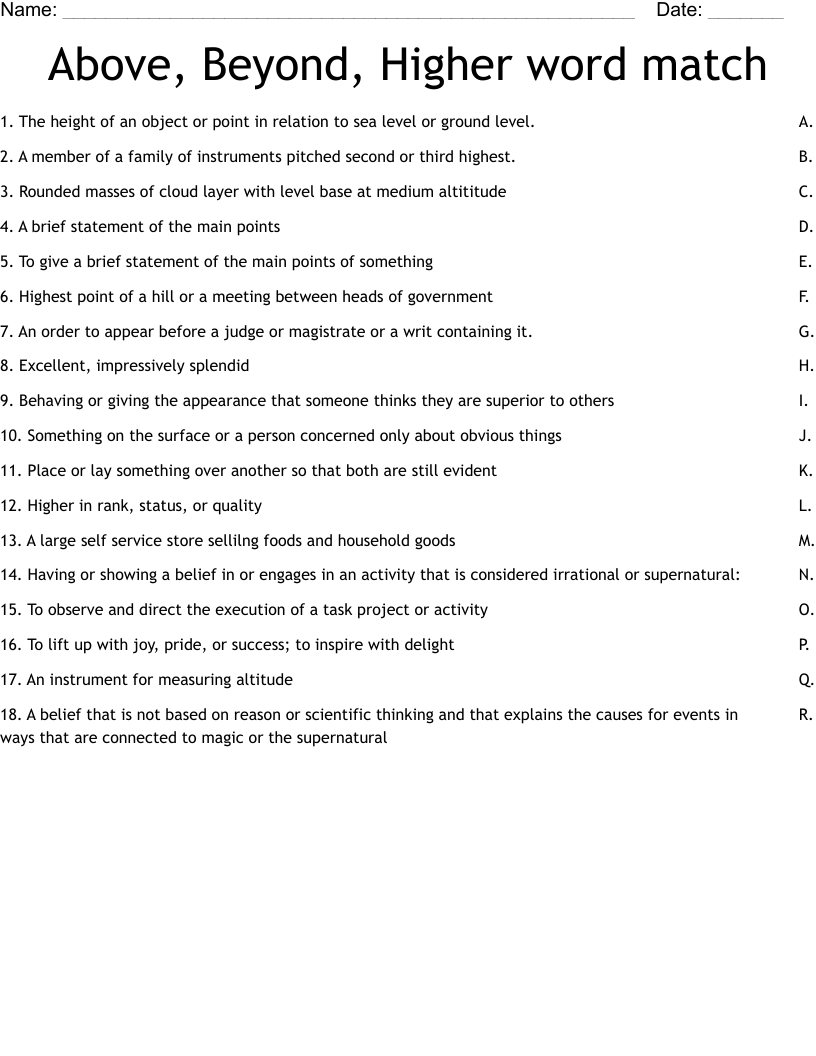 Above, Beyond, Higher word match  Worksheet