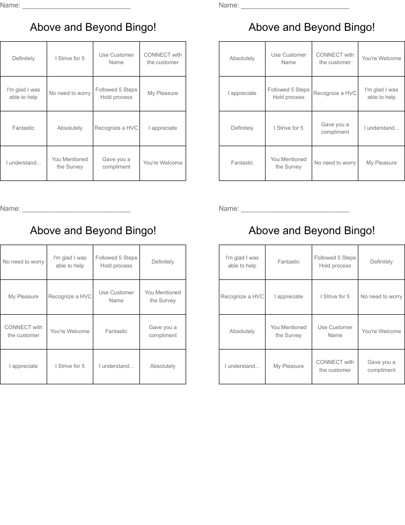 Above and Beyond Bingo!