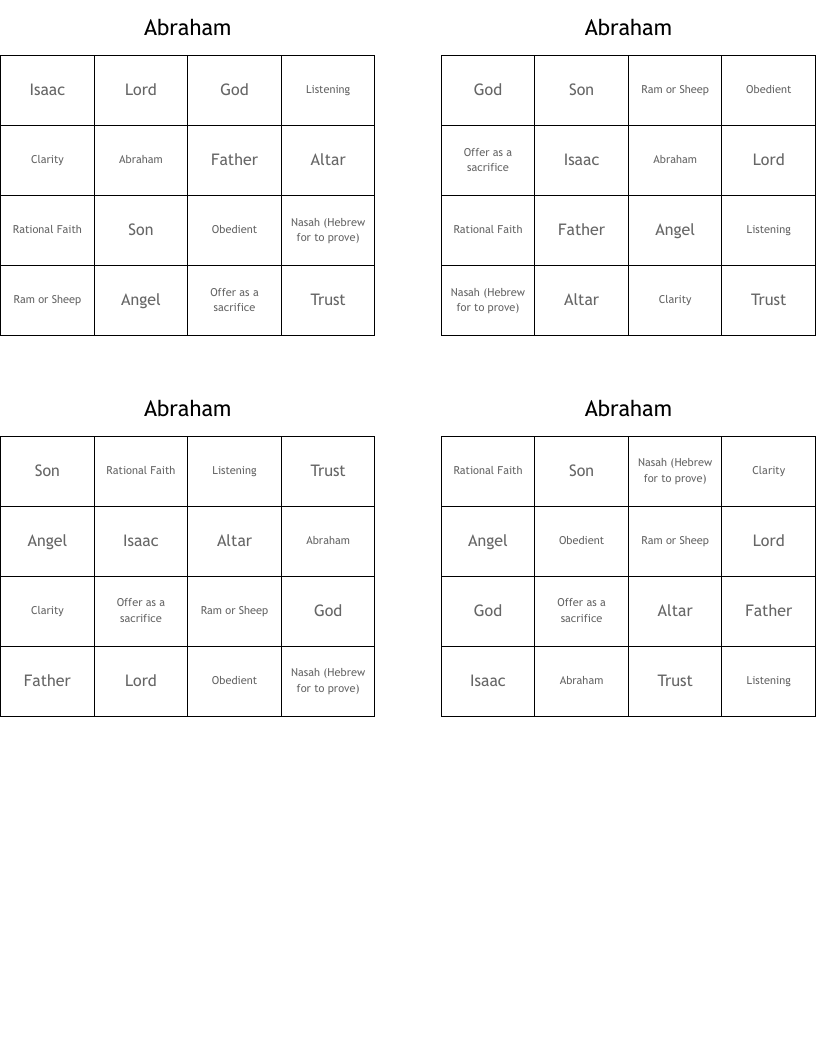 Abraham Bingo Cards