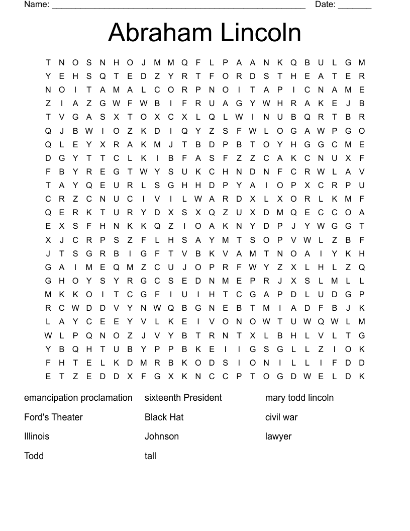 Abraham Lincoln Word Search