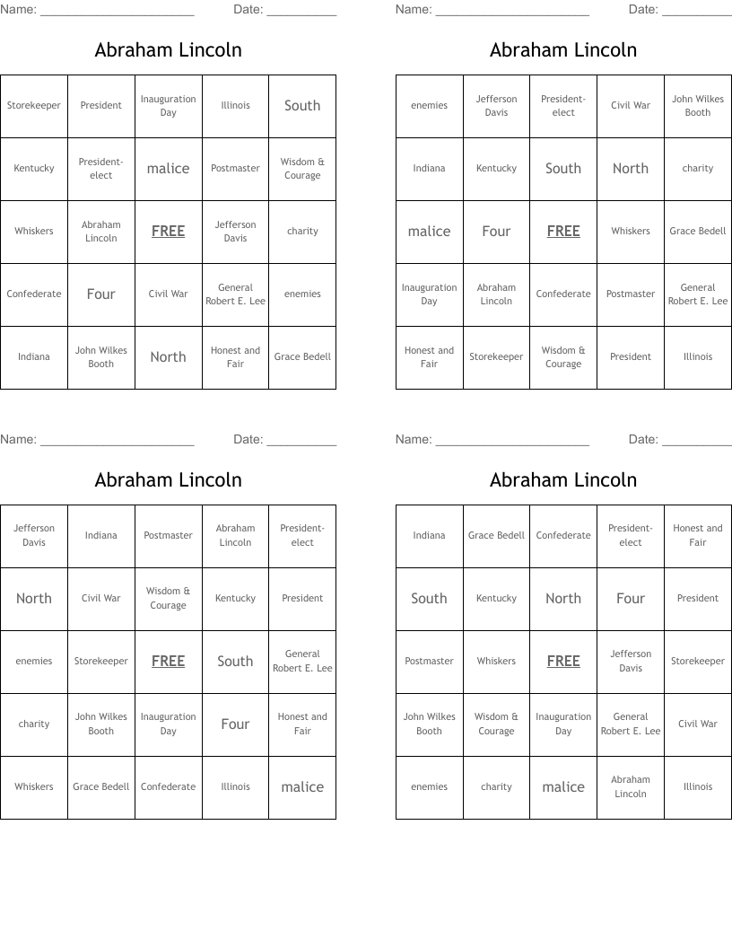 Abraham Lincoln Bingo Cards