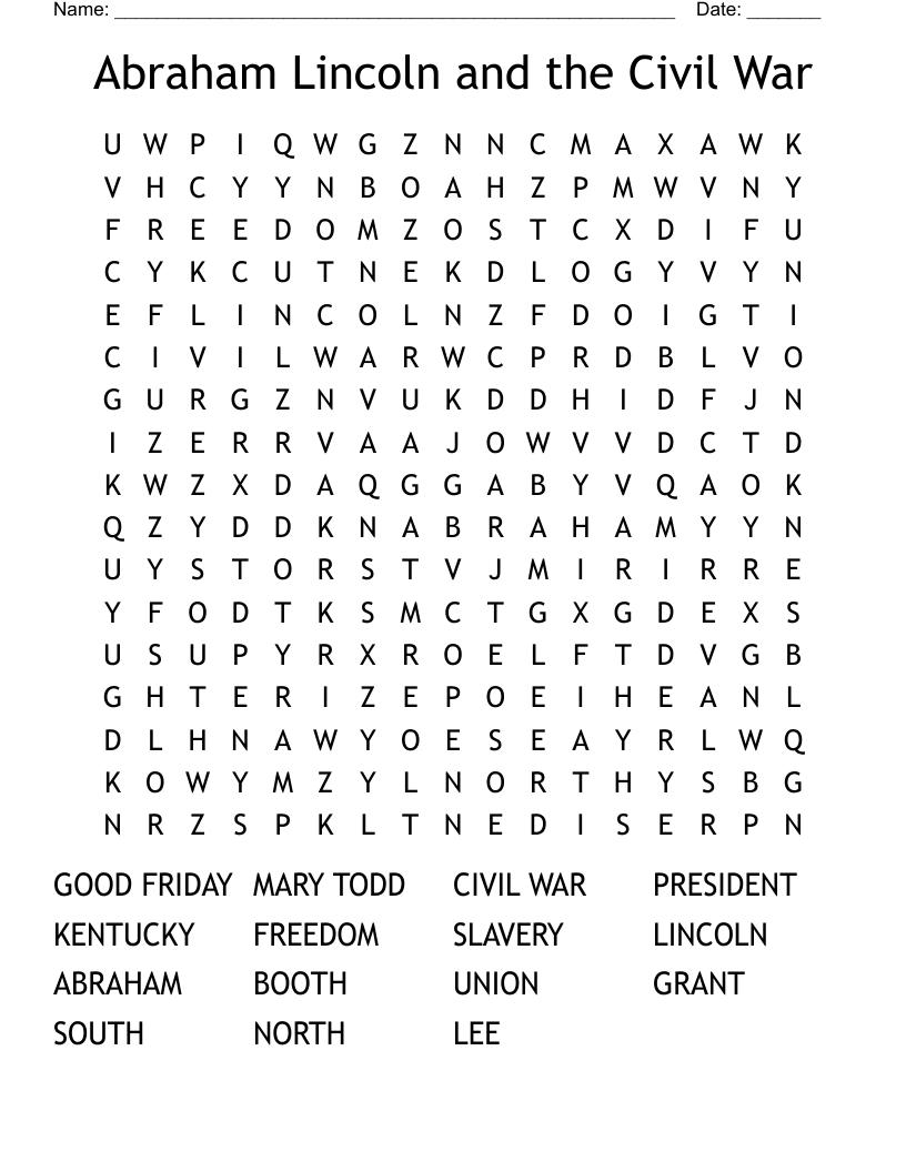 Abraham Lincoln and the Civil War Word Search
