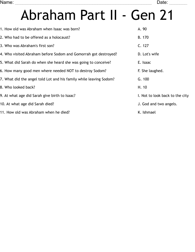 Abraham Part II - Gen 21 Worksheet