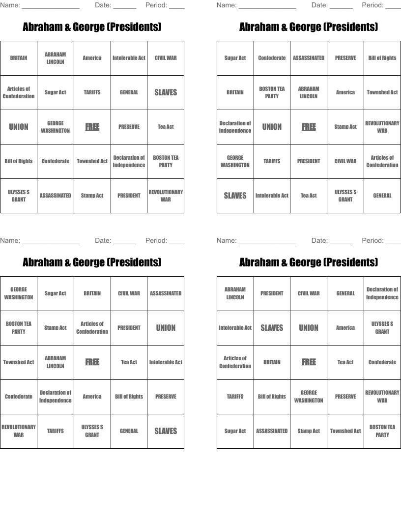 Abraham & George (Presidents) Bingo Cards