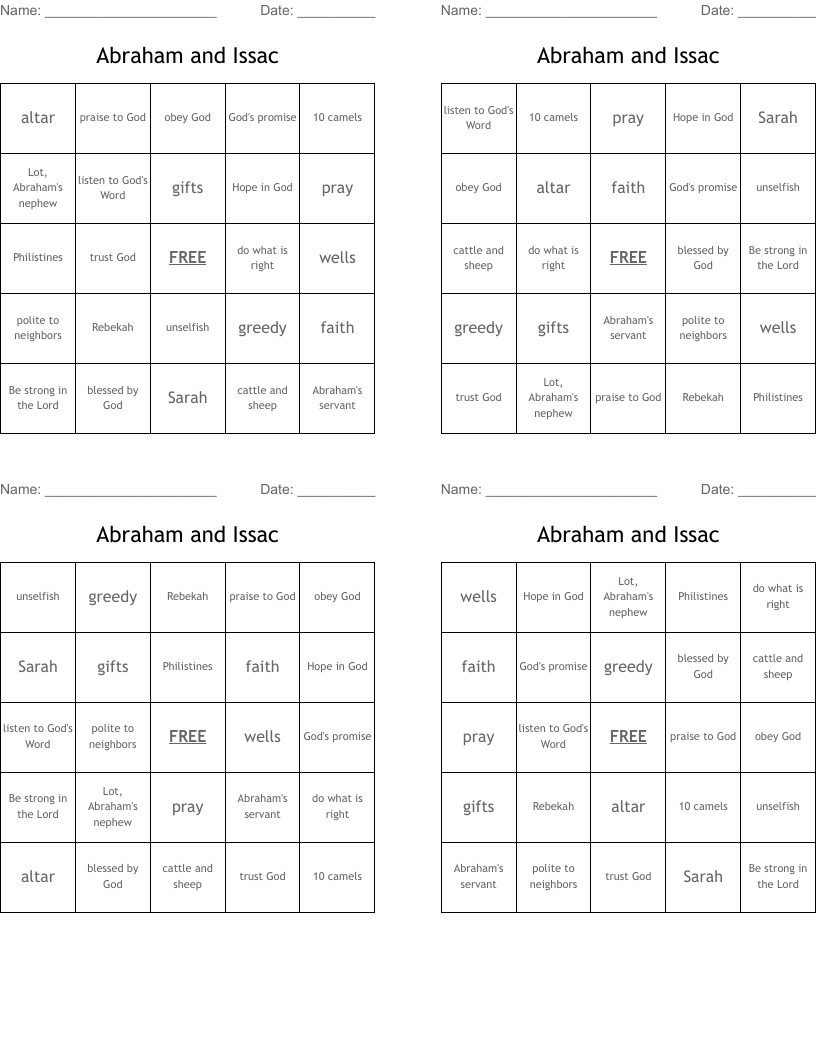 Abraham and Issac Bingo Cards