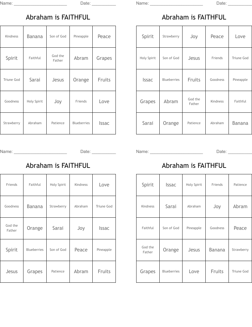 Abraham is FAITHFUL Bingo Cards
