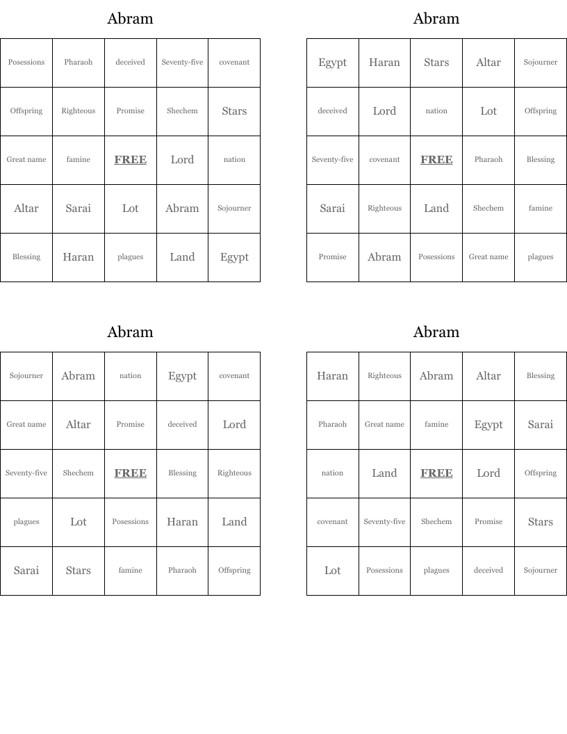Abram Bingo Cards
