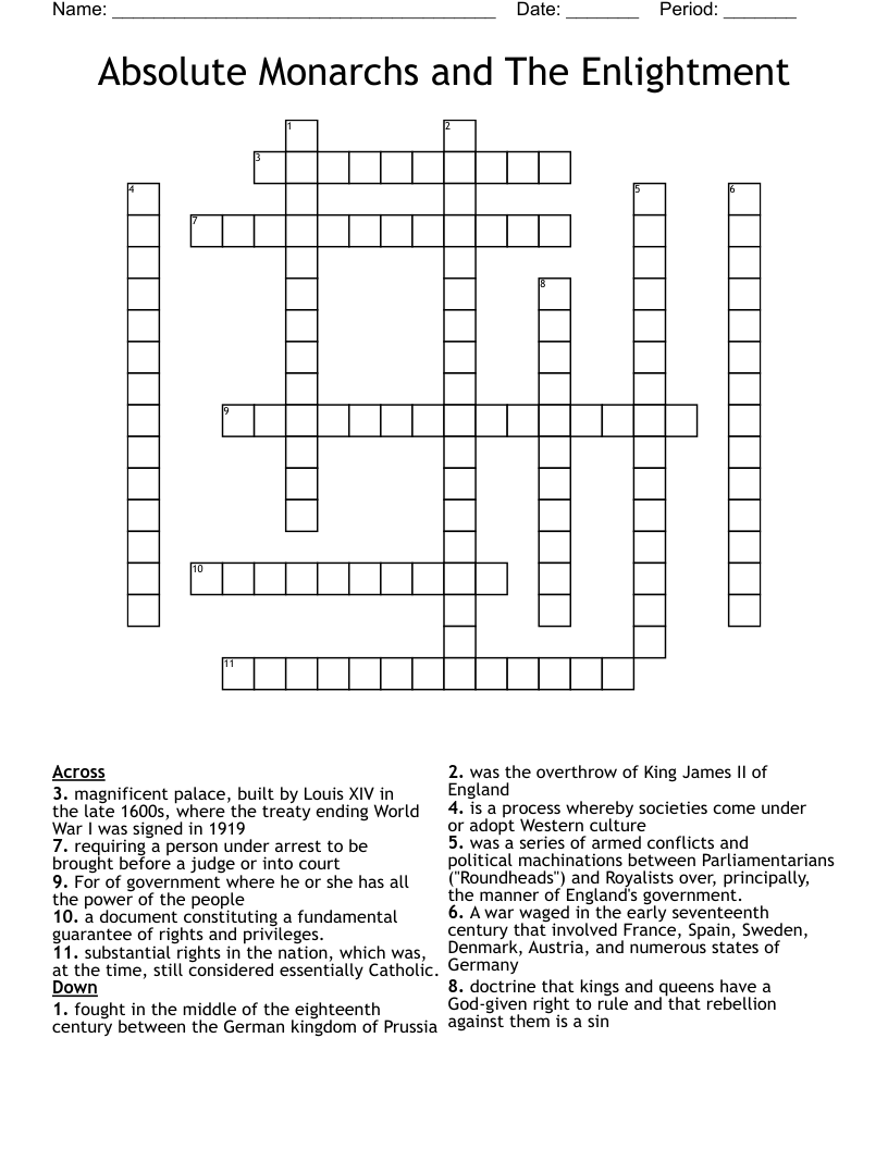 Absolute Monarchs and The Enlightment  Crossword