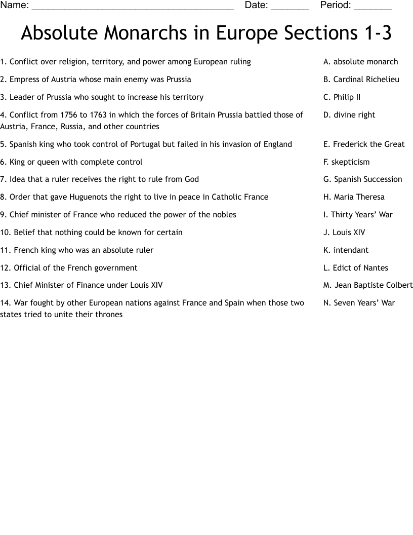 Absolute Monarchs in Europe Sections 1-3 Worksheet