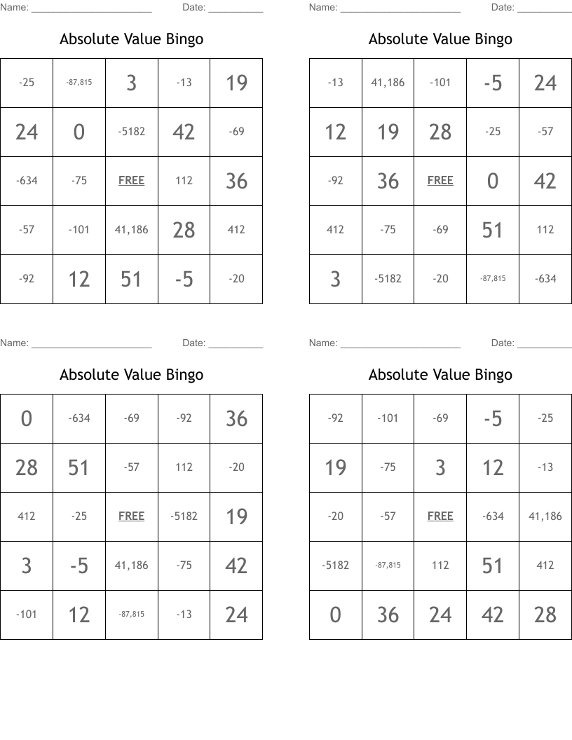 Absolute Value Bingo