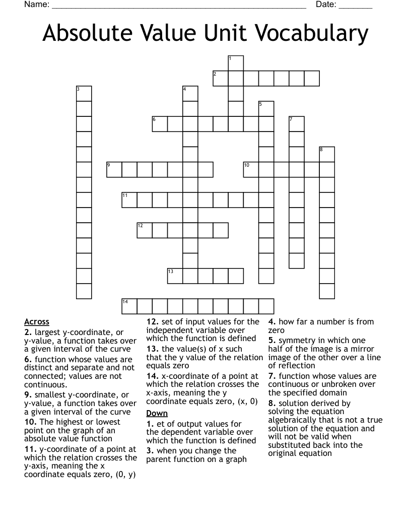 Absolute Value Unit Vocabulary Crossword