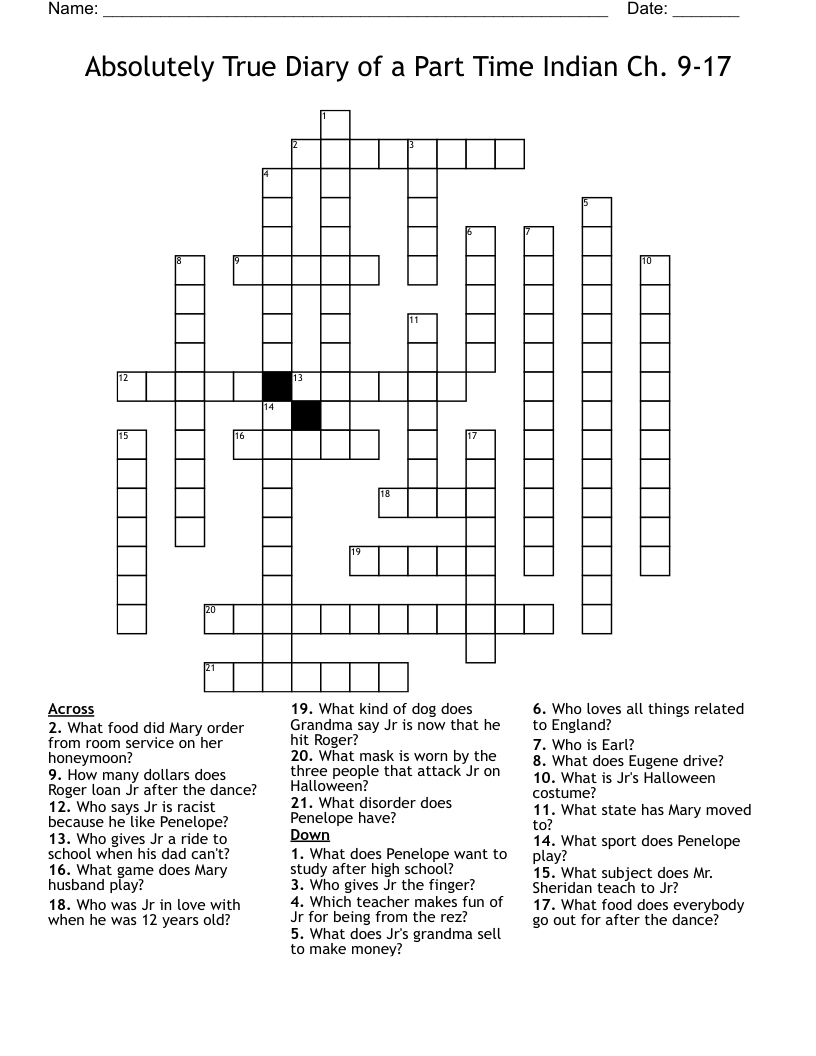 Absolutely True Diary of a Part Time Indian Ch. 9-17 Crossword