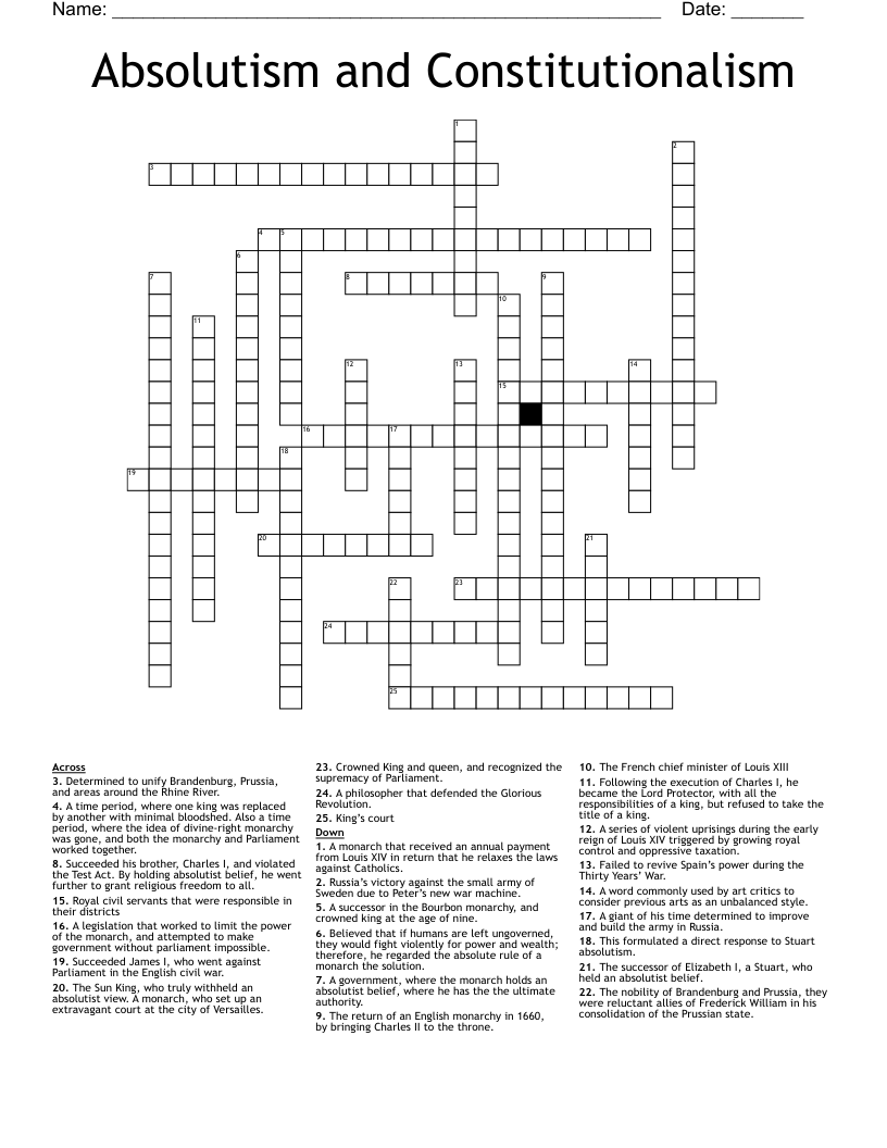 Absolutism and Constitutionalism Crossword