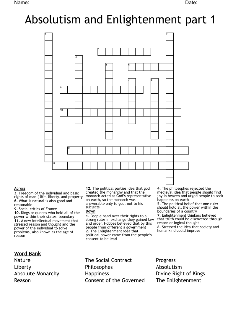 Absolutism and Enlightenment part 1 Crossword