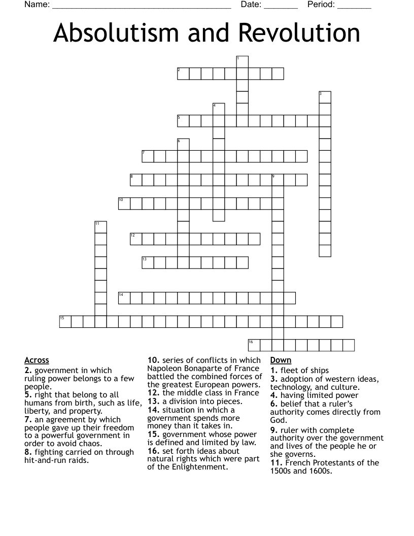 Absolutism and Revolution  Crossword