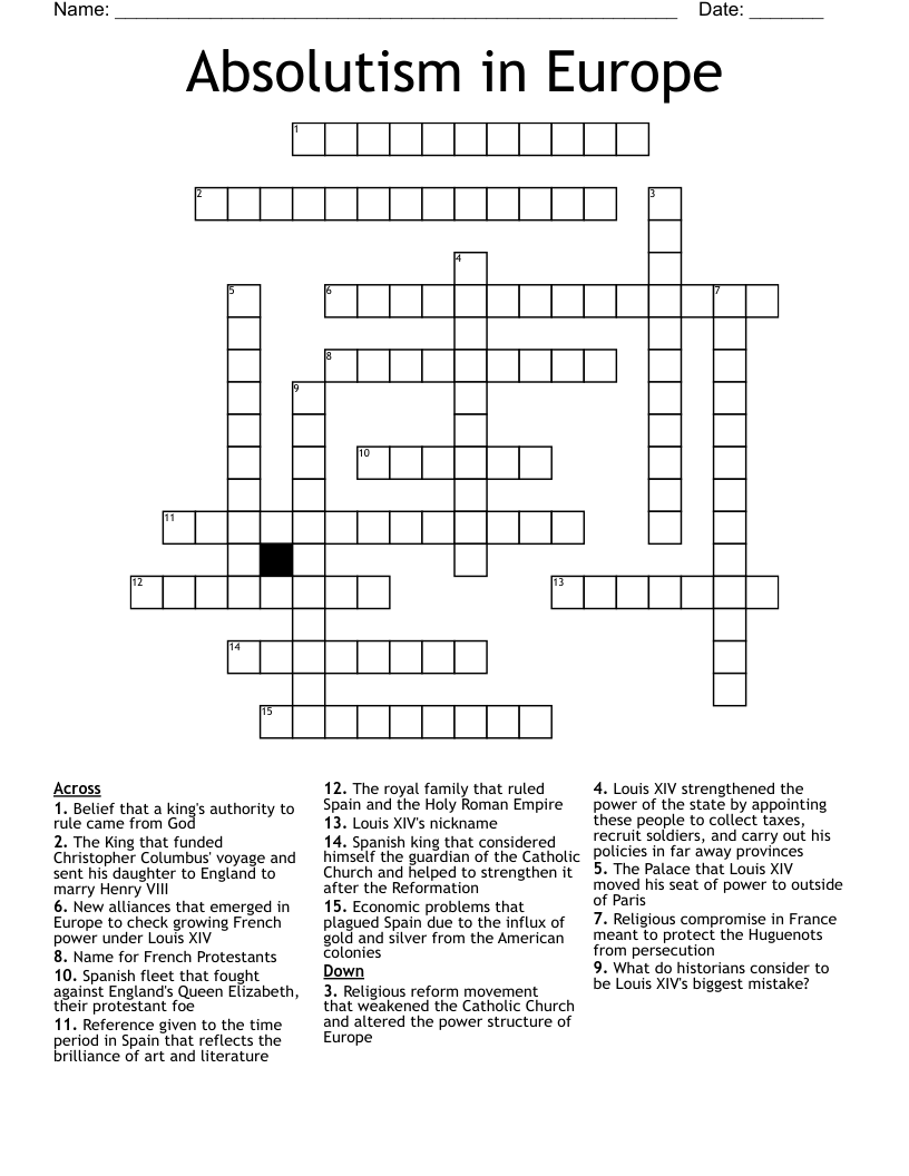 Absolutism in Europe  Crossword