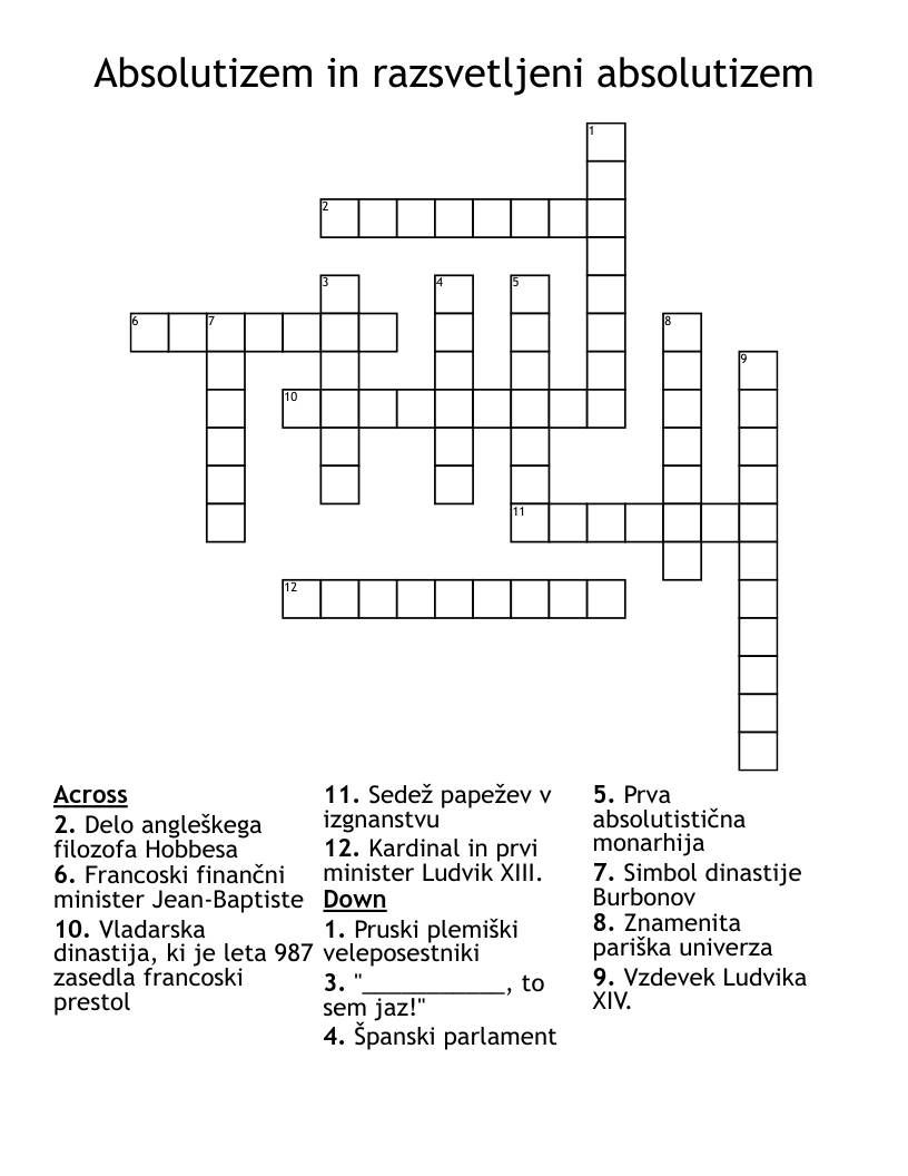 Absolutizem in razsvetljeni absolutizem Crossword