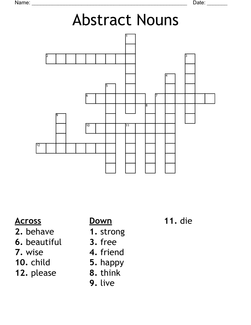 Abstract Nouns Crossword