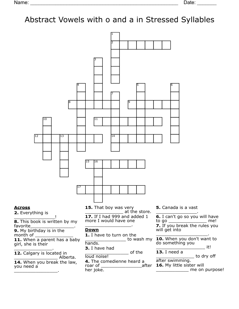 Abstract Vowels with o and a in Stressed Syllables Crossword