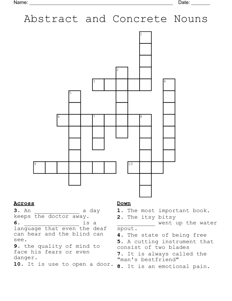 Abstract and Concrete Nouns Crossword