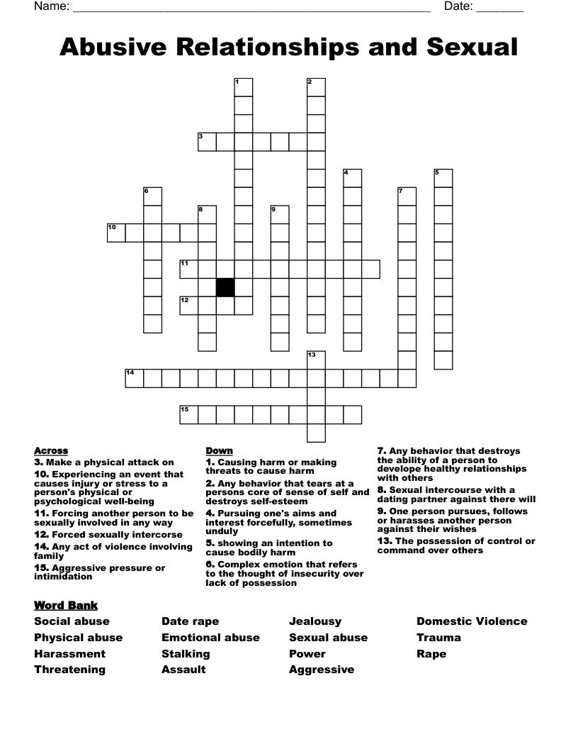 Abusive Relationships and Sexual Crossword