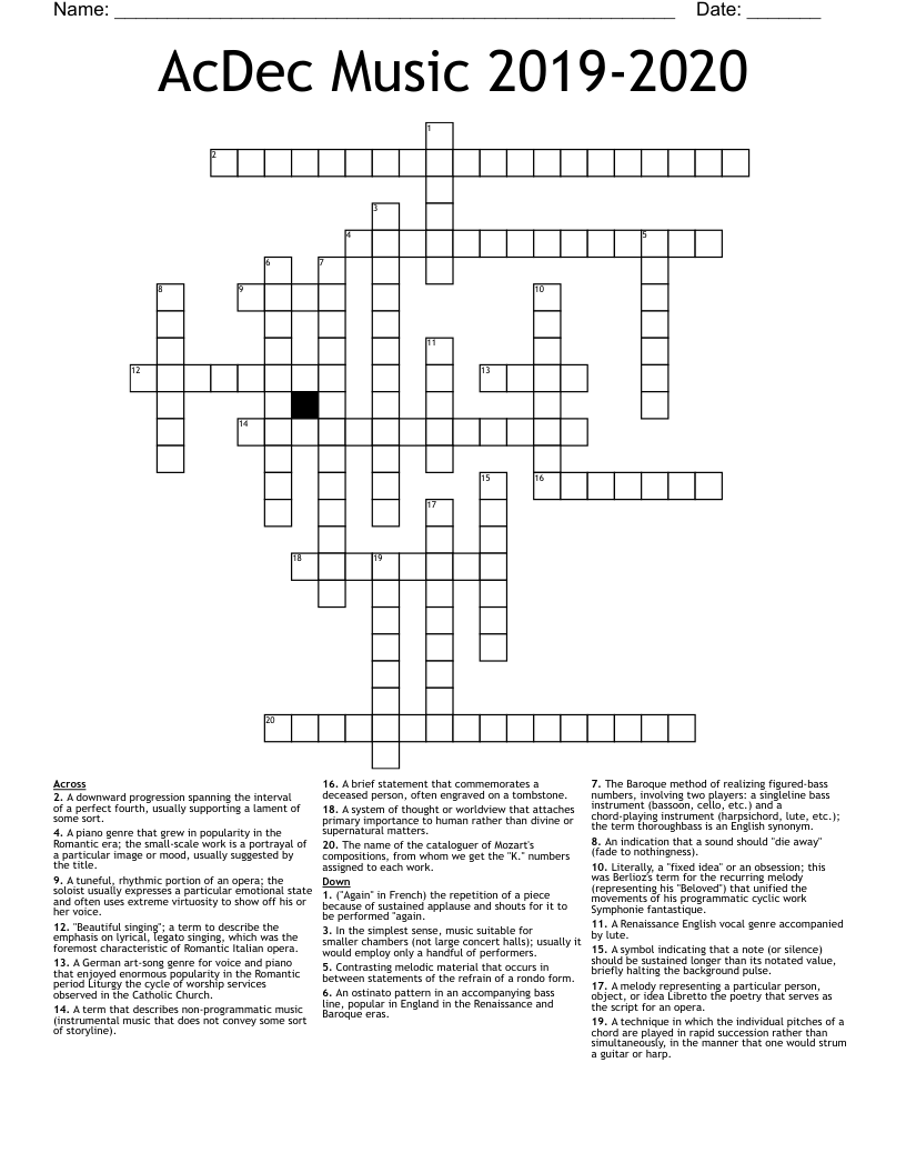 AcDec Music 2019-2020  Crossword