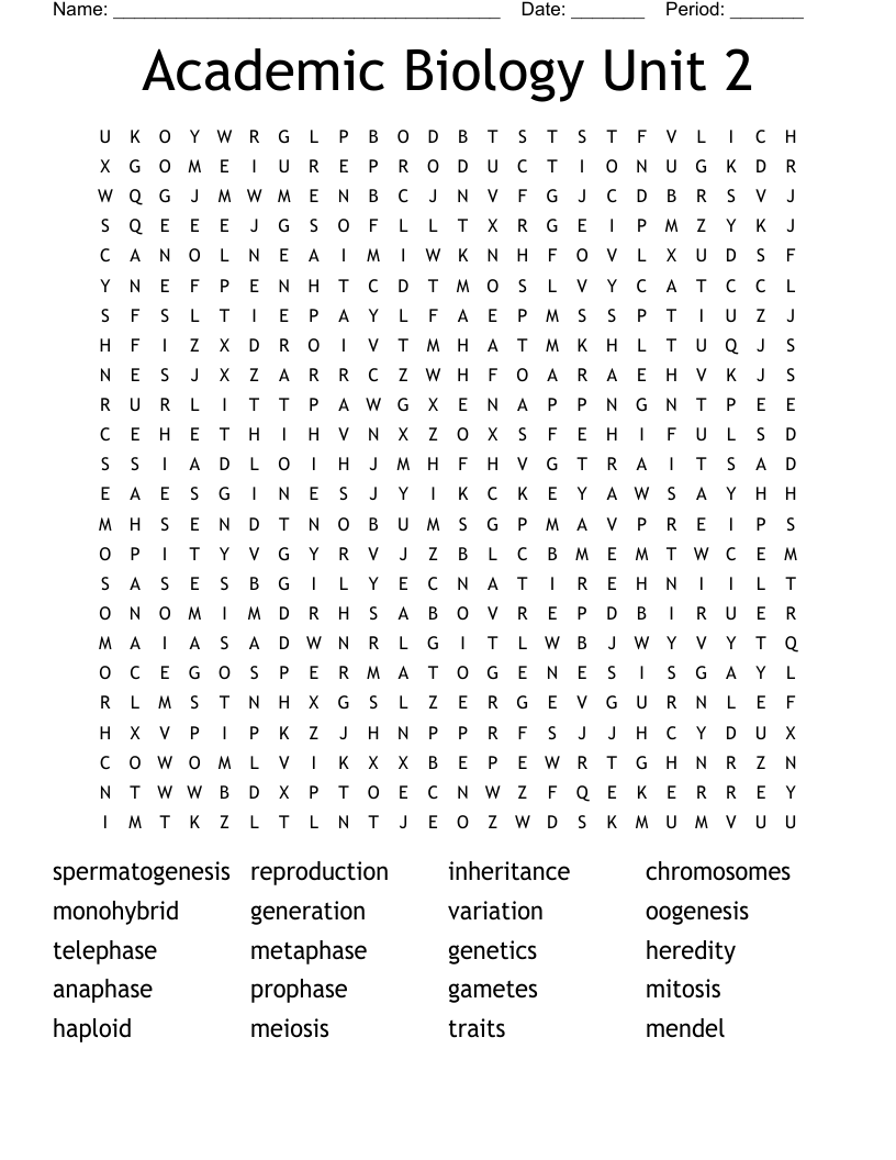 Academic Biology Unit 2   Word Search