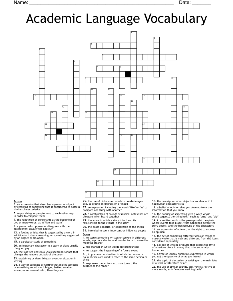 Academic Language Vocabulary  Crossword