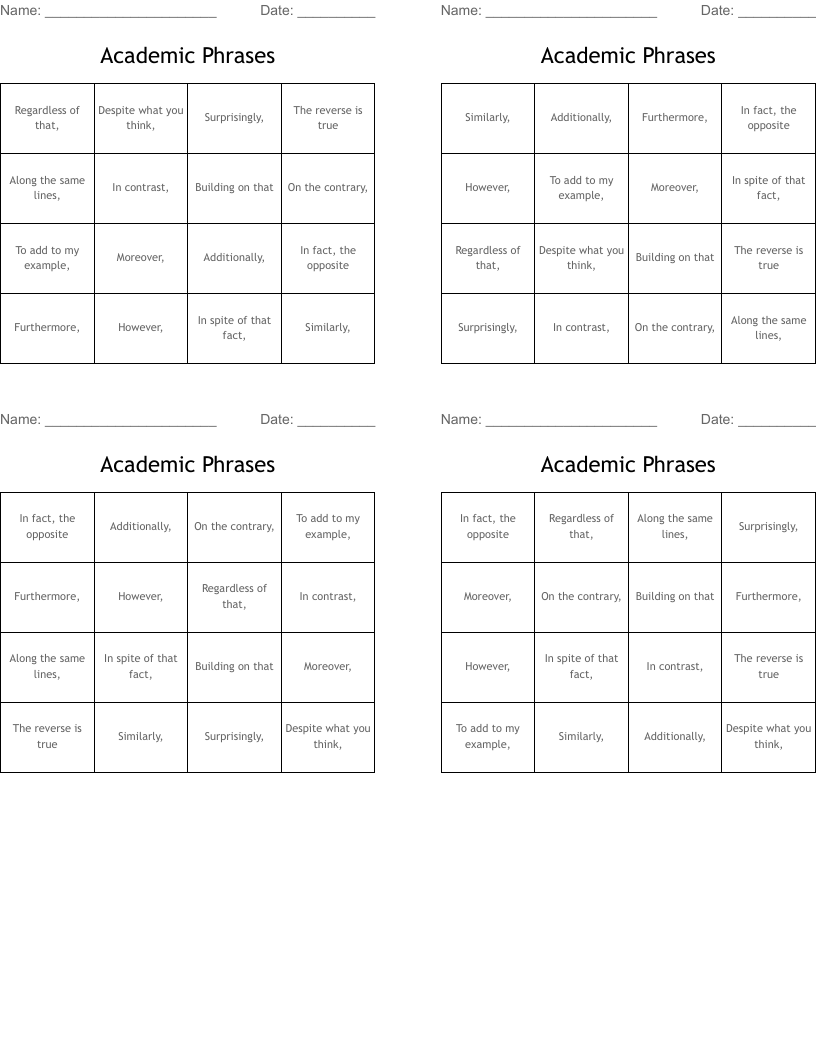 Academic Phrases Bingo Cards