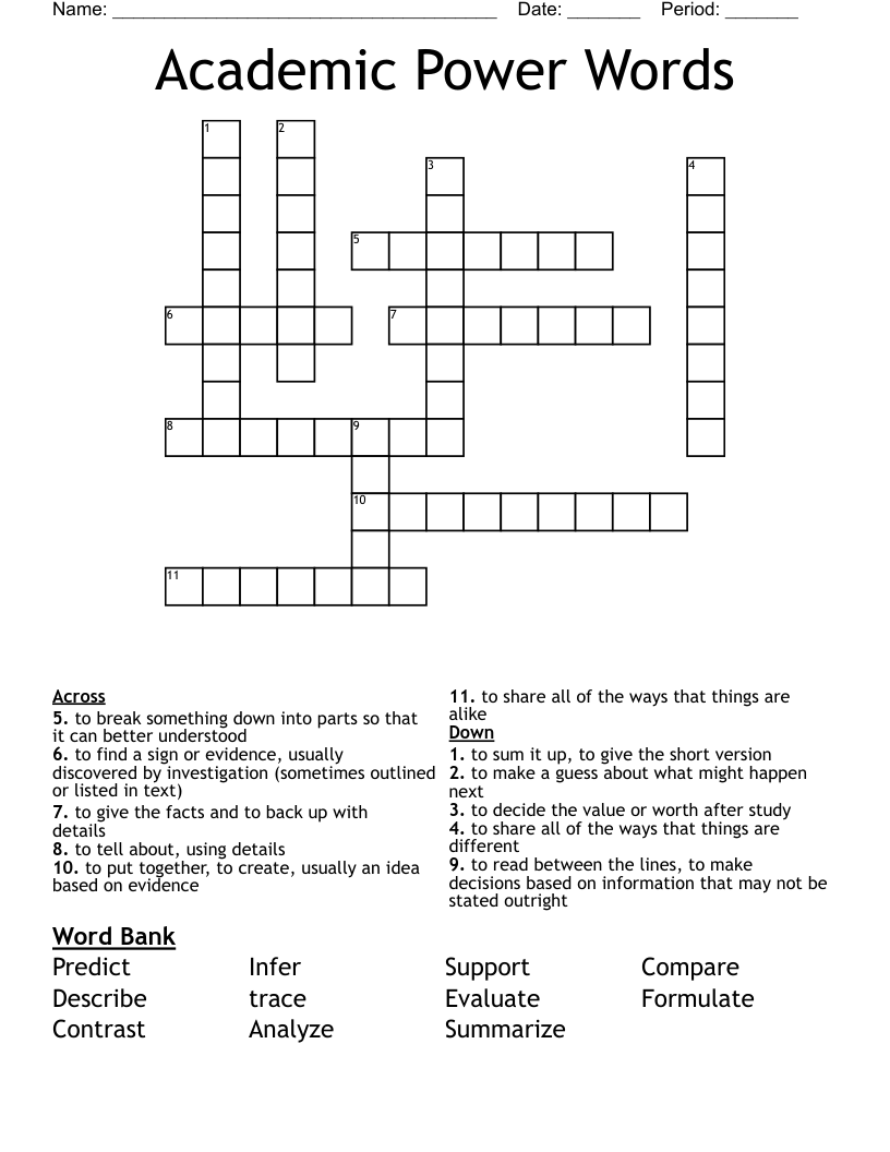 Academic Power Words Crossword