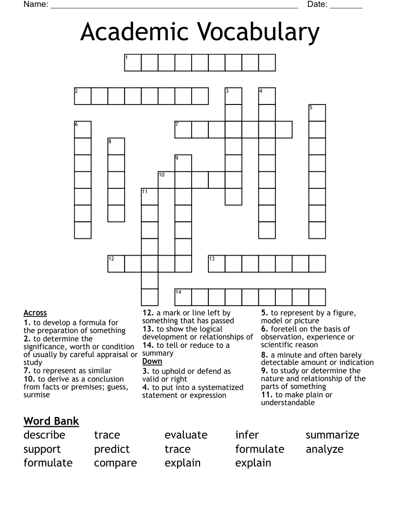 Academic Vocabulary Crossword
