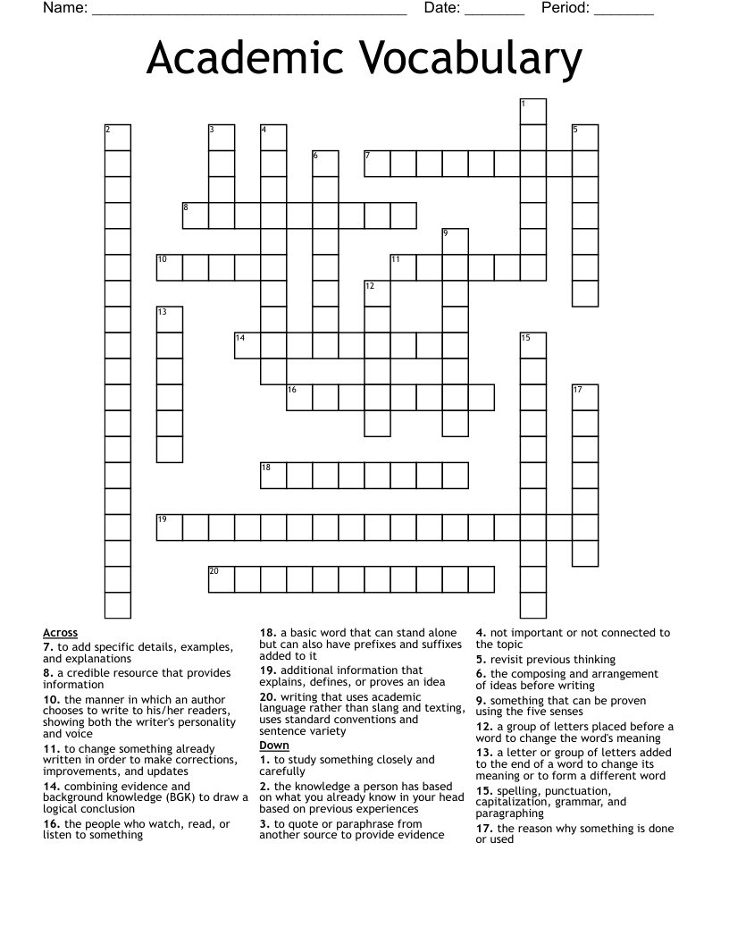 Academic Vocabulary Crossword