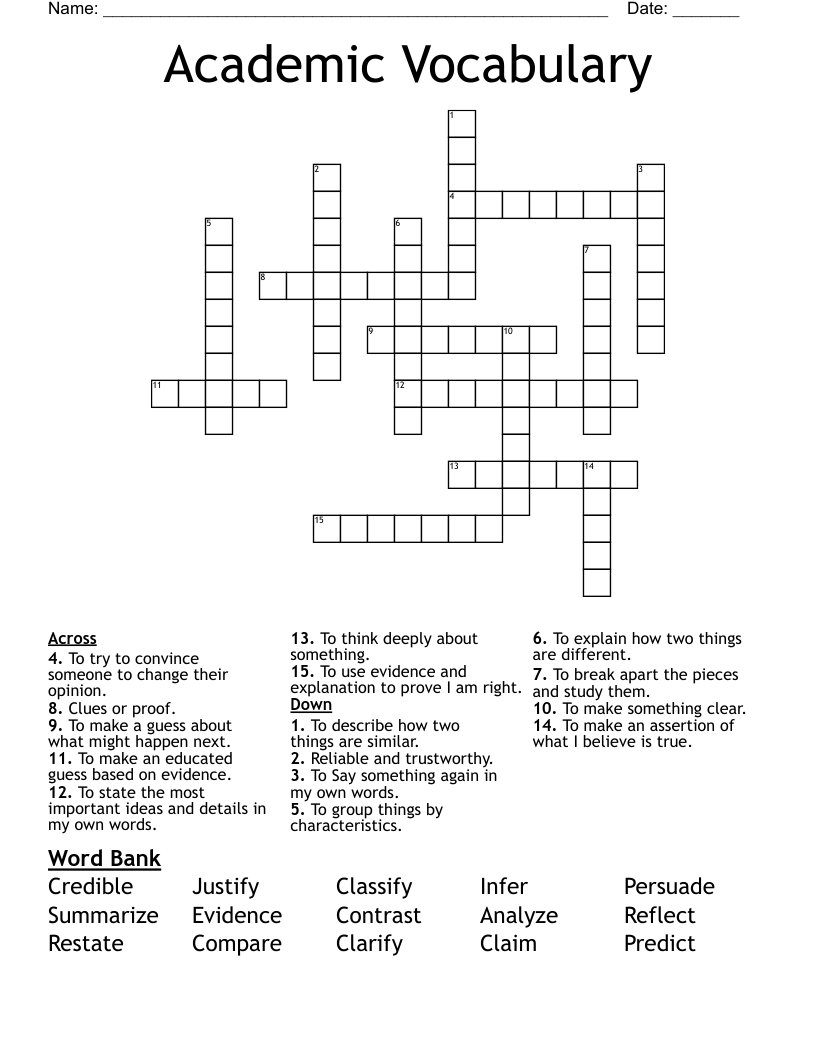 Academic Vocabulary Crossword