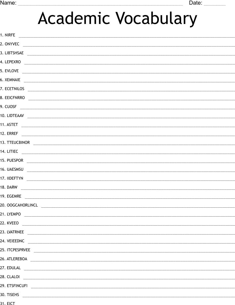 Academic Vocabulary Word Scramble