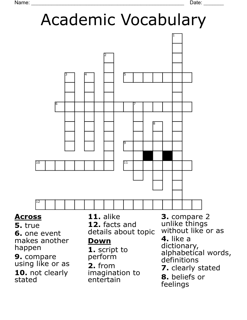 Academic Vocabulary Crossword