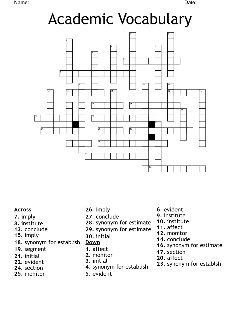 Academic Vocabulary Crossword