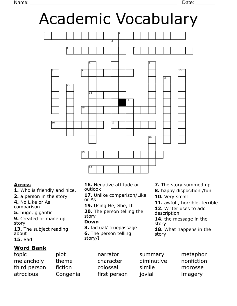 Academic Vocabulary Crossword