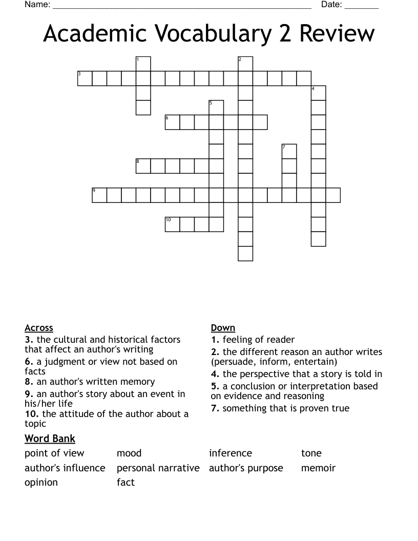 Academic Vocabulary 2 Review Crossword
