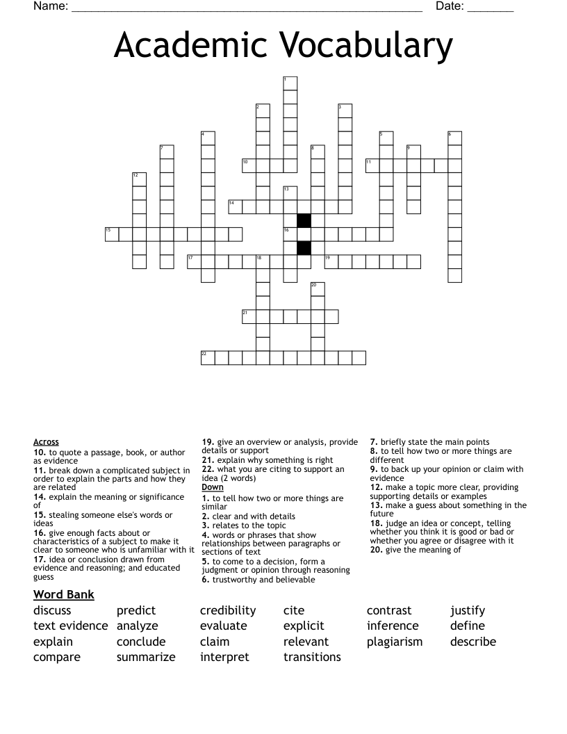 Academic Vocabulary Crossword